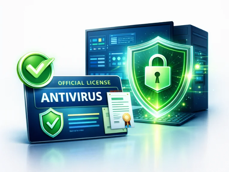 Antivirus software with official license graphic.